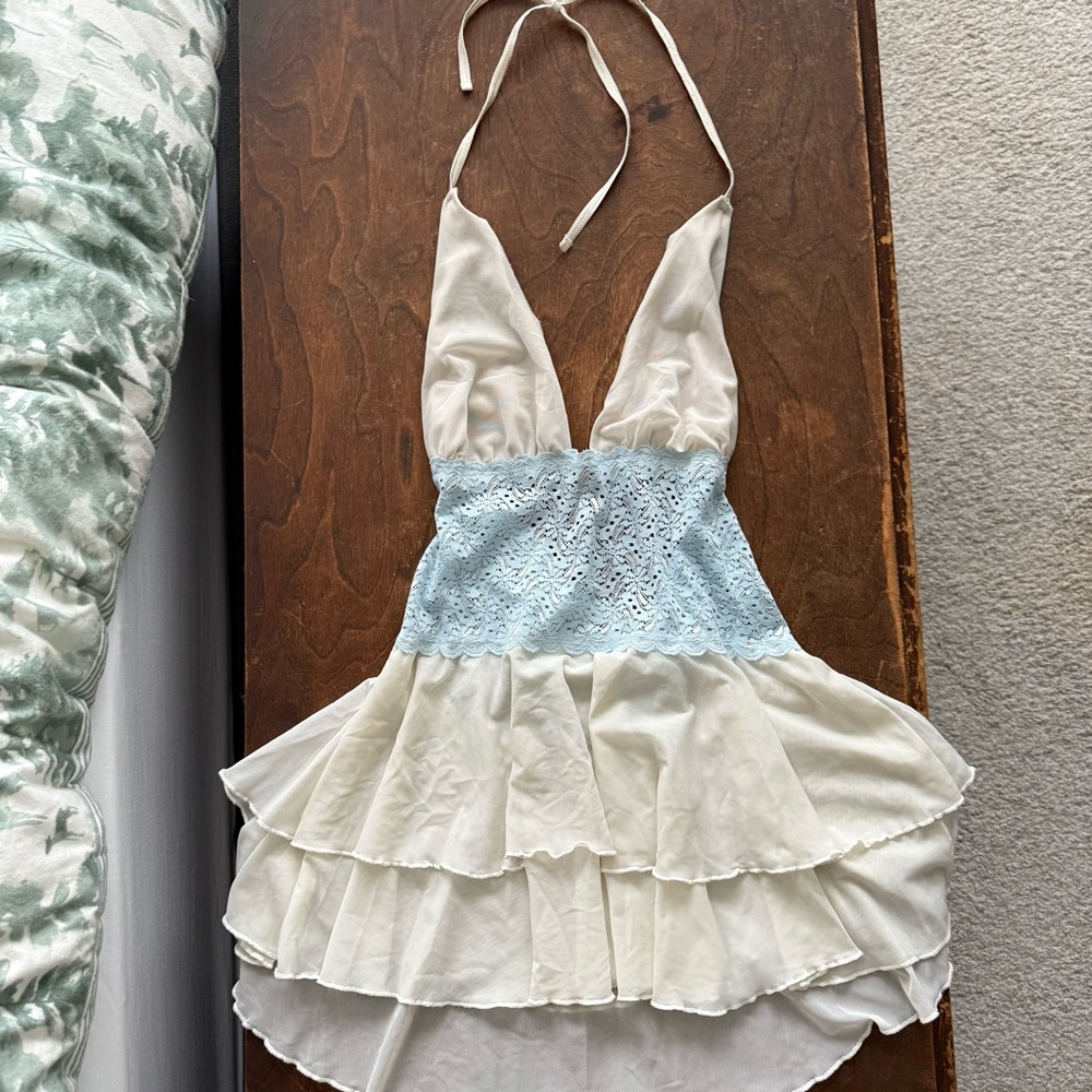 vintage 90s mesh sheer slip blue and white ruffle halter mini intimate dress